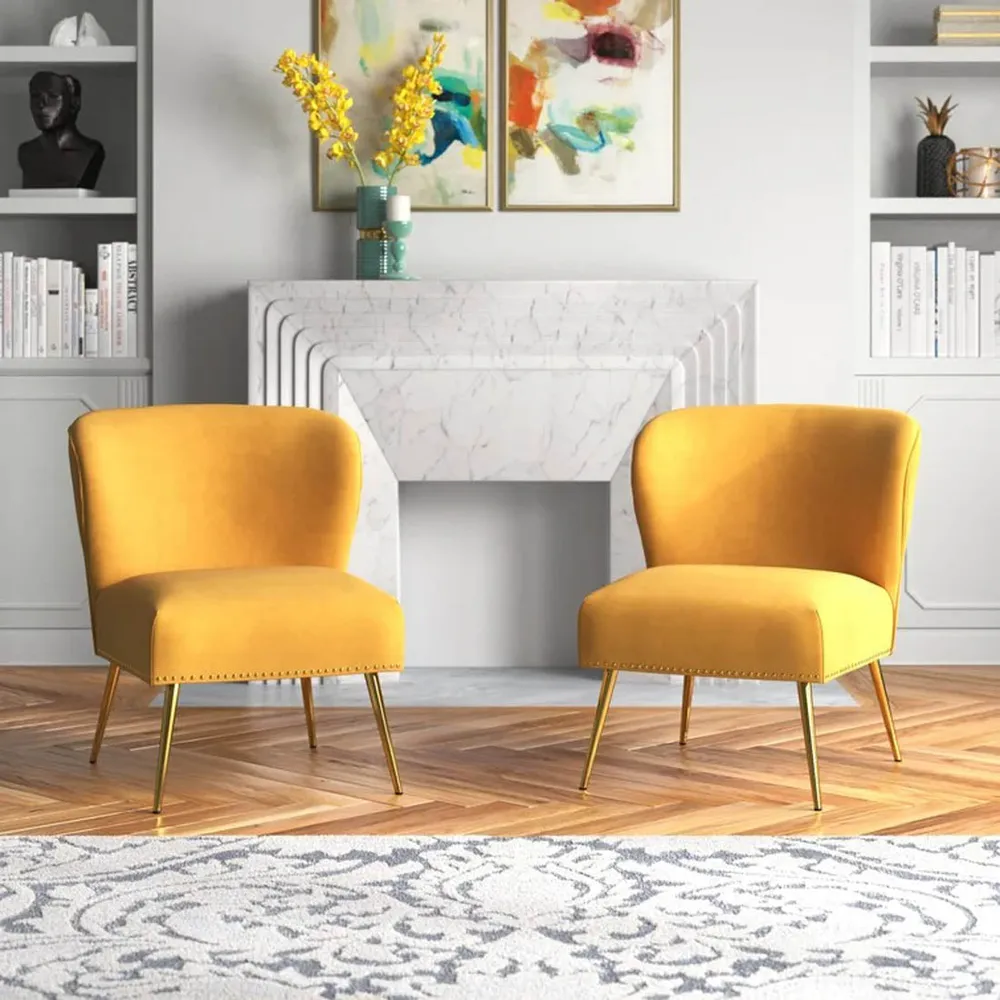 Minimalist Yellow Velvet Lounge Chairs Set Of 2 Single