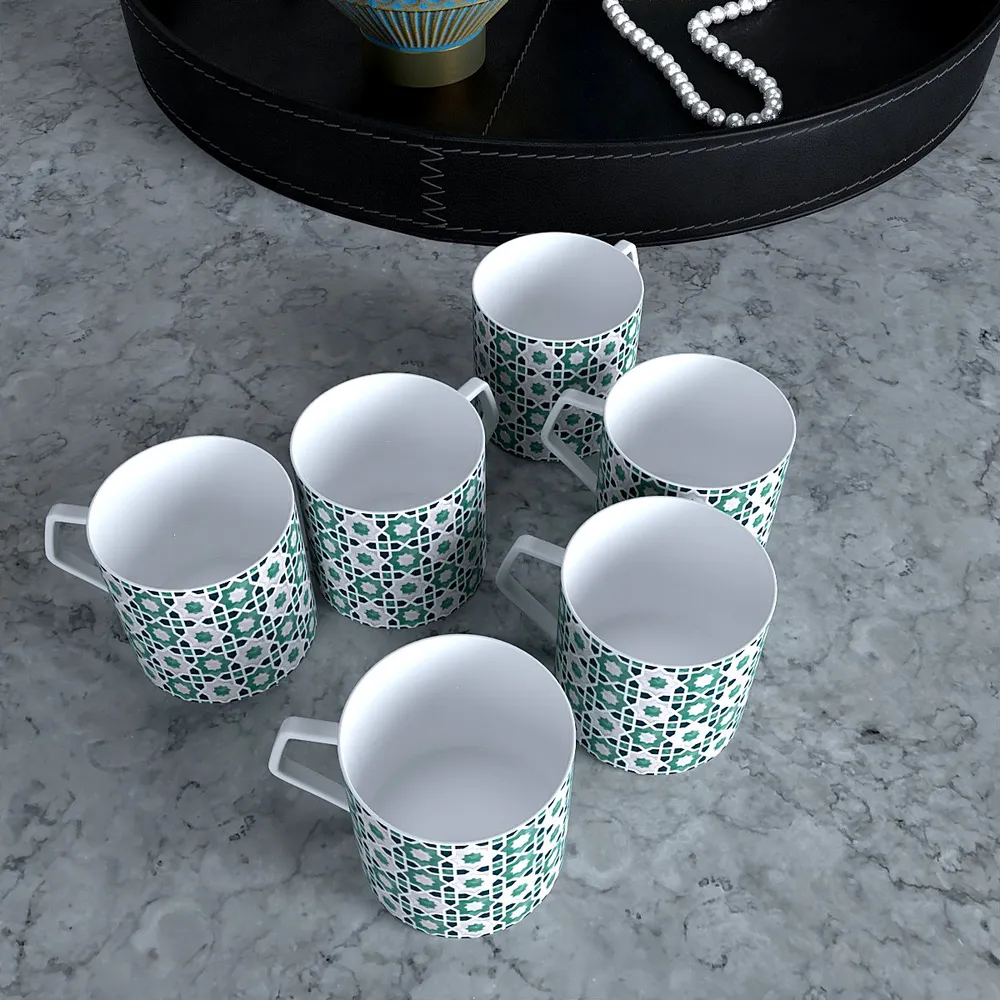 Mint Moroccan Tile Print Designer Tea Cups (Set of 6)