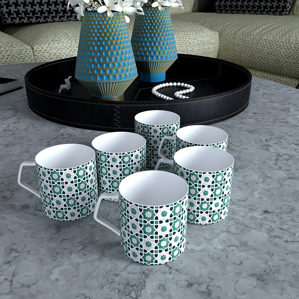 Mint Moroccan Tile Print Designer Tea Cups (Set of 6)
