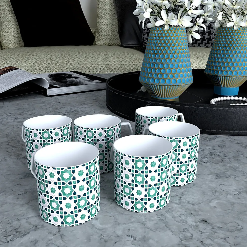 Mint Moroccan Tile Print Designer Tea Cups (Set of 6)