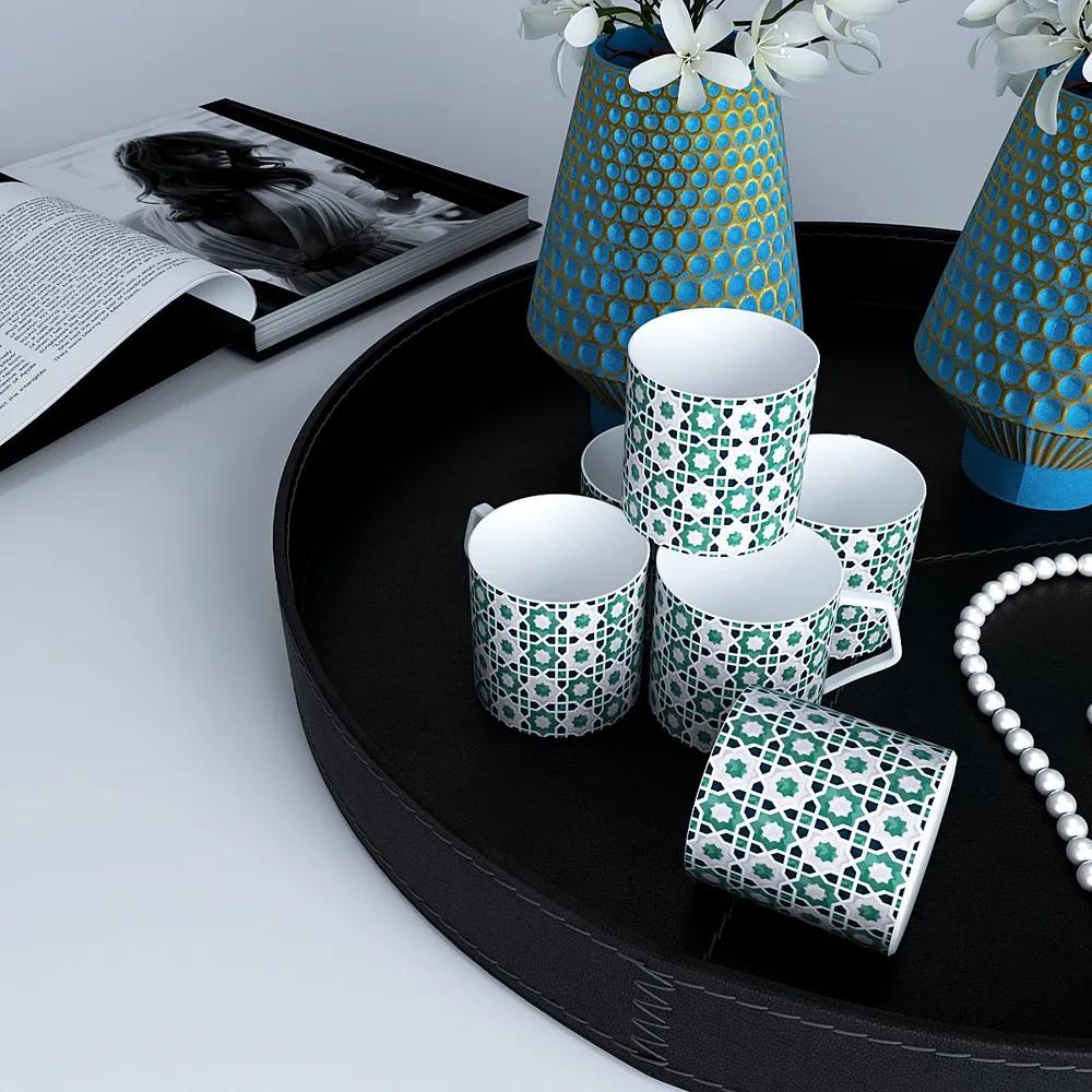 Mint Moroccan Tile Print Designer Tea Cups (Set of 6)