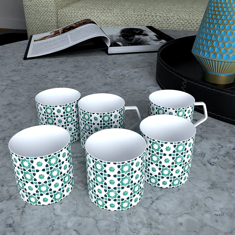 Mint Moroccan Tile Print Designer Tea Cups (Set of 6)