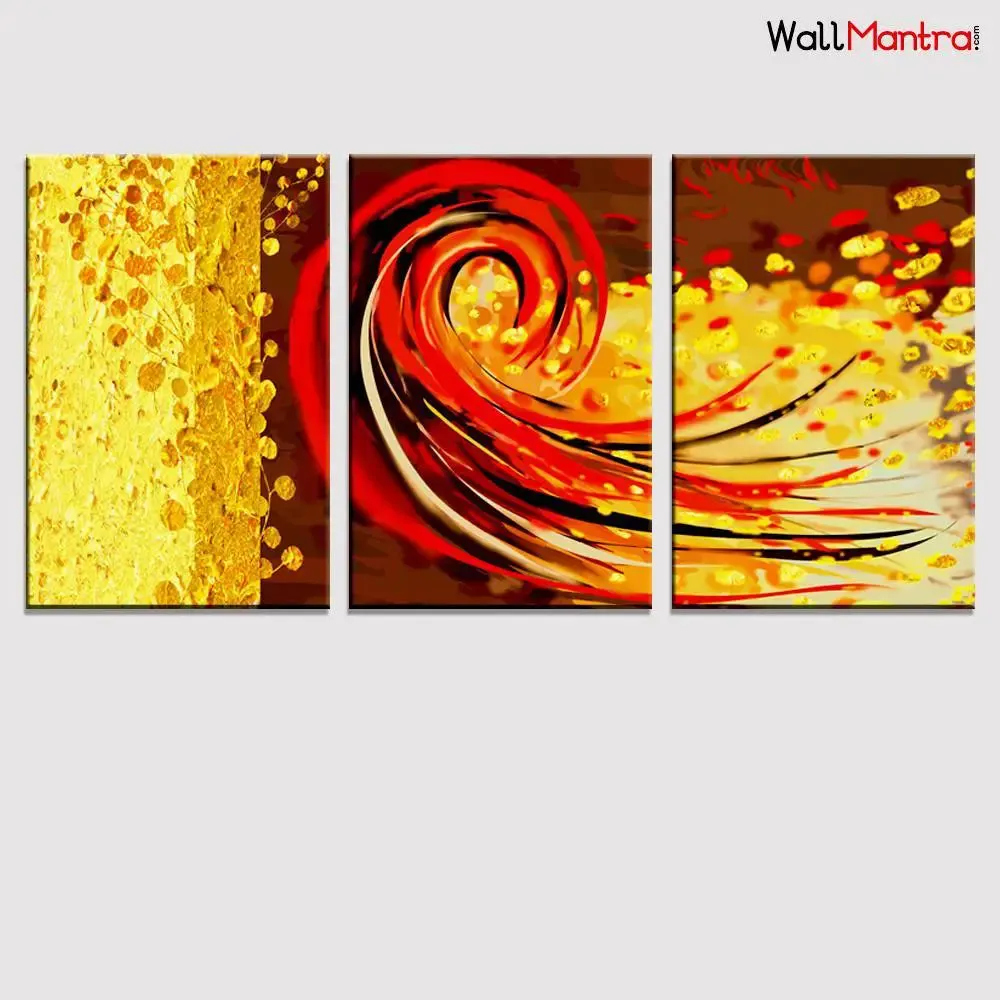 Modern Abstract Art Red And Gold Wooden Framed 3 Pieces Abstract Design Canvas Printed Painting