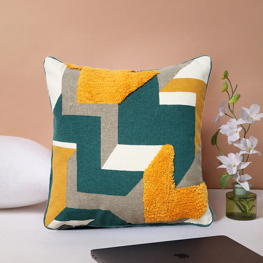 Modern Abstract Patterned Yellow and Blue 100% Cotton Cushion Cover Set Of 1