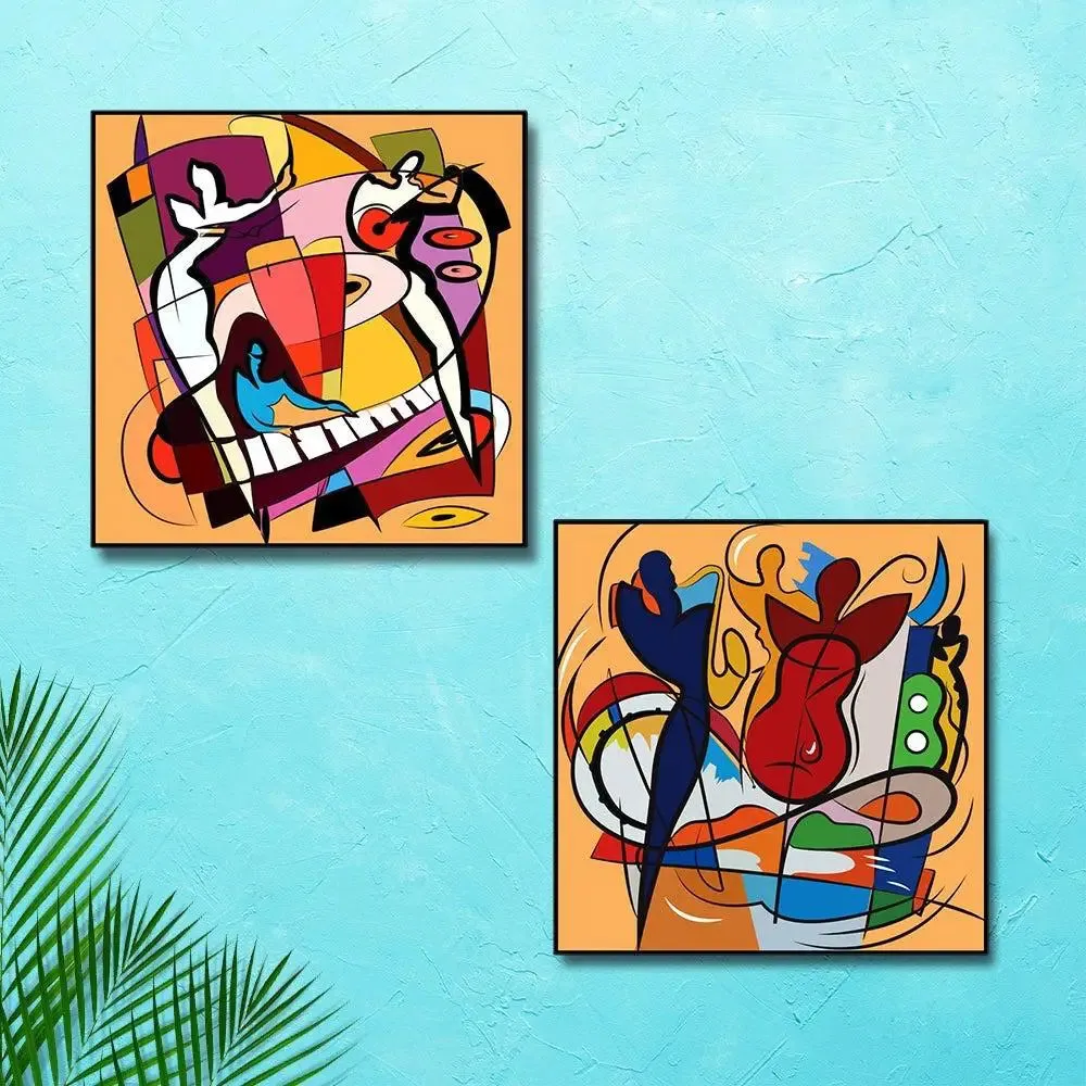 Modern Art Canvas Painting With Black Floating Frame Size: 30 cm (H) X 30 cm (W) Set of 2