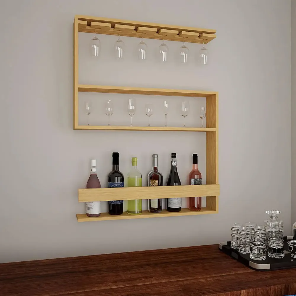 Modern Backlit Wooden Bar Wall Shelf / Mini Bar Cabinet in Light Oak Finish