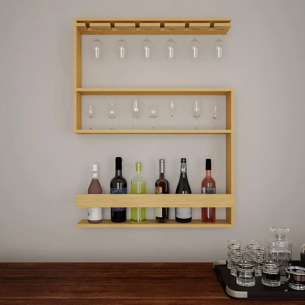 Modern Backlit Wooden Bar Wall Shelf / Mini Bar Cabinet in Light Oak Finish