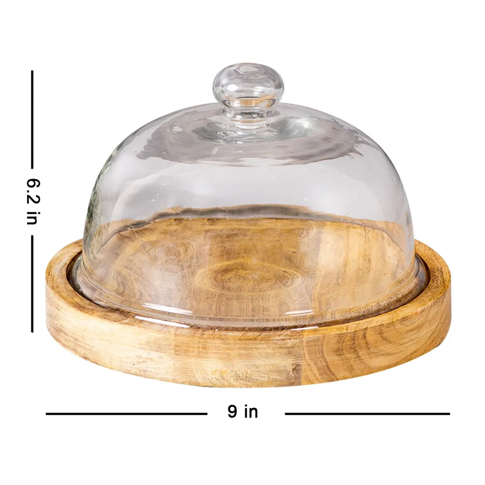 Modern Brown Wooden and Glass Dome Cake Stand