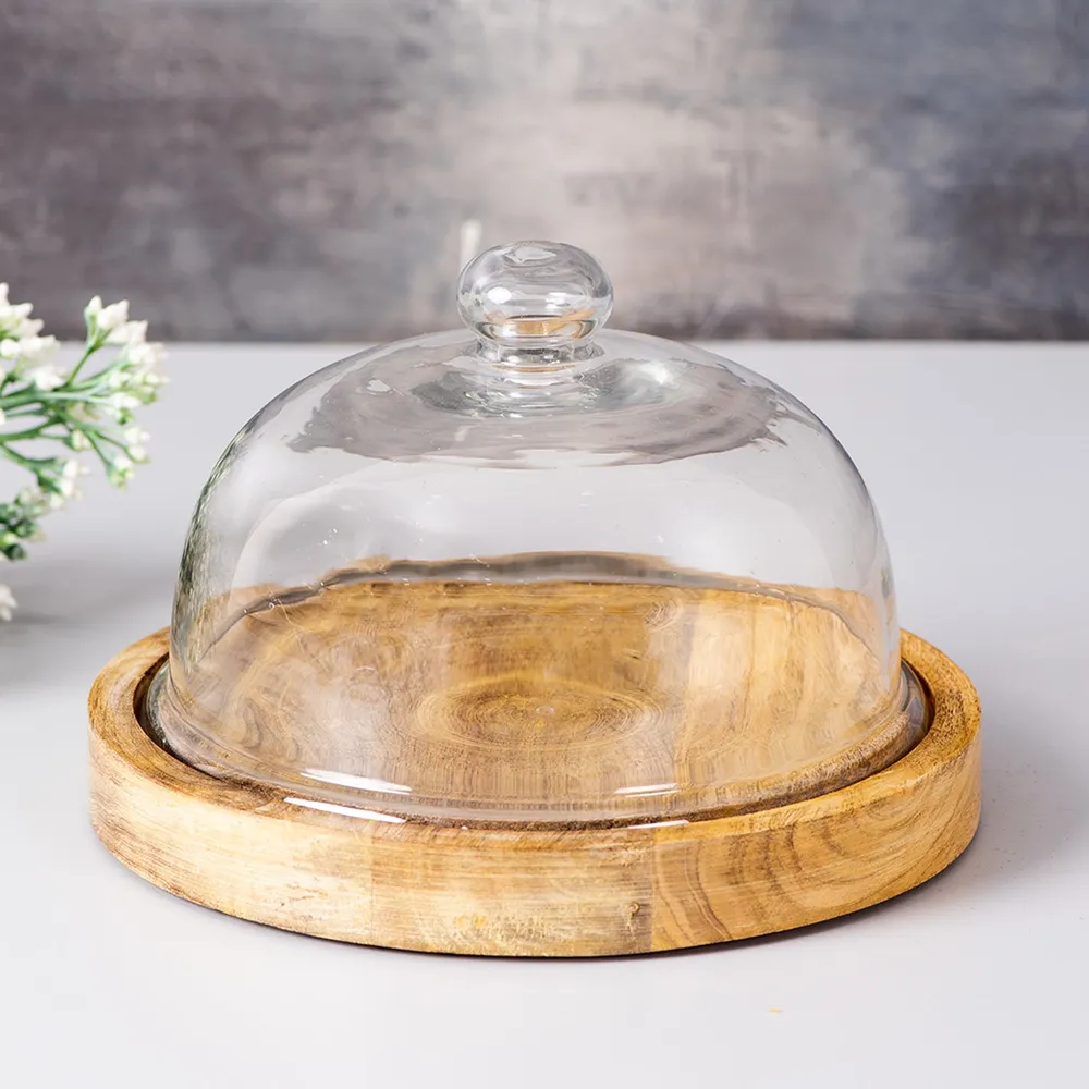 Modern Brown Wooden and Glass Dome Cake Stand