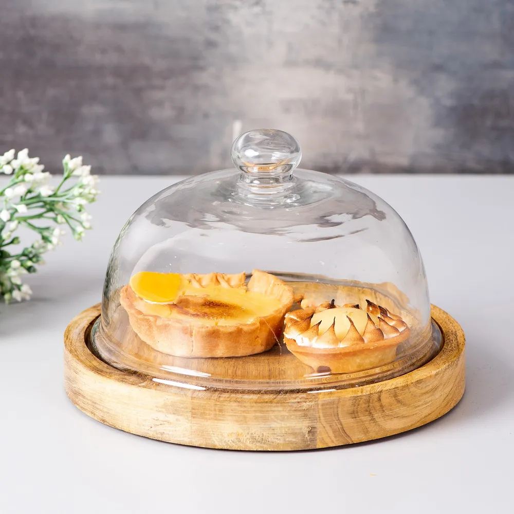 Modern Brown Wooden and Glass Dome Cake Stand