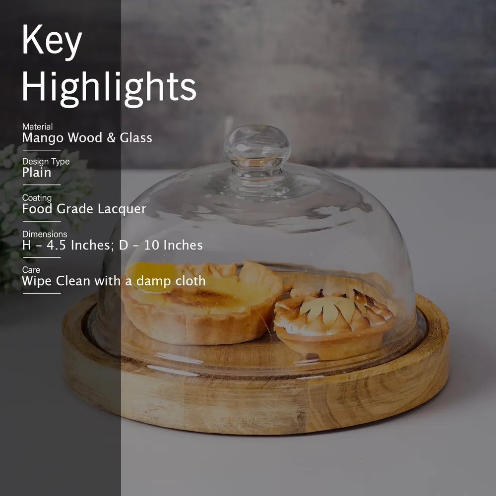 Modern Brown Wooden and Glass Dome Cake Stand