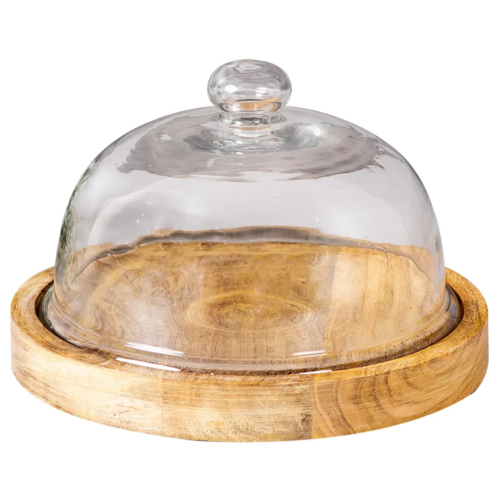 Modern Brown Wooden and Glass Dome Cake Stand