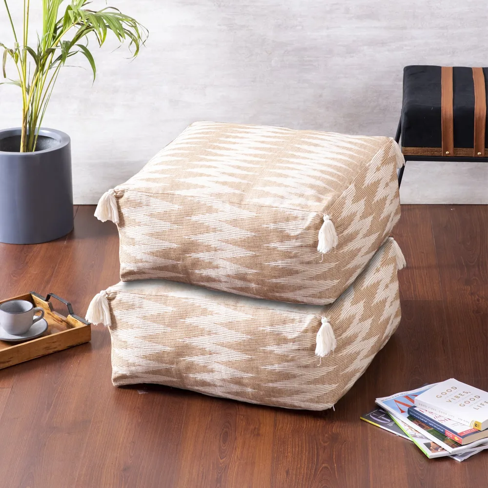 Modern Corner Beige and Cream Ethnic Print Cotton Tasseled Pouffe Stool Set Of 2 Without Filler
