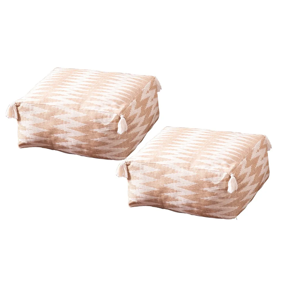 Modern Corner Beige and Cream Ethnic Print Cotton Tasseled Pouffe Stool Set Of 2 Without Filler