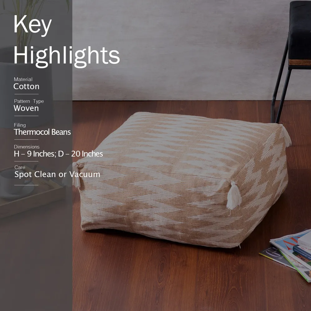 Modern Corner Beige and Cream Ethnic Print Cotton Tasseled Pouffe Stool With Filler