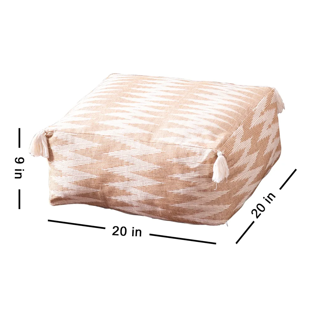 Modern Corner Beige and Cream Ethnic Print Cotton Tasseled Pouffe Stool With Filler