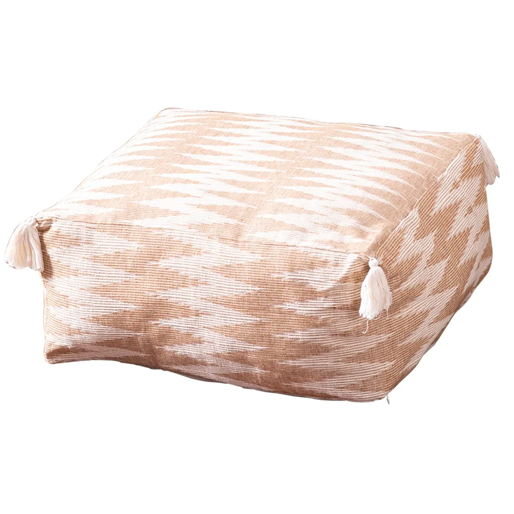 Modern Corner Beige and Cream Ethnic Print Cotton Tasseled Pouffe Stool With Filler