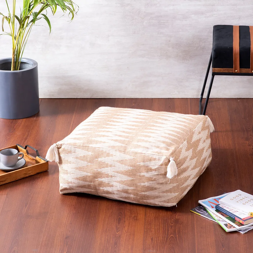 Modern Corner Beige and Cream Ethnic Print Cotton Tasseled Pouffe Stool Without Filler