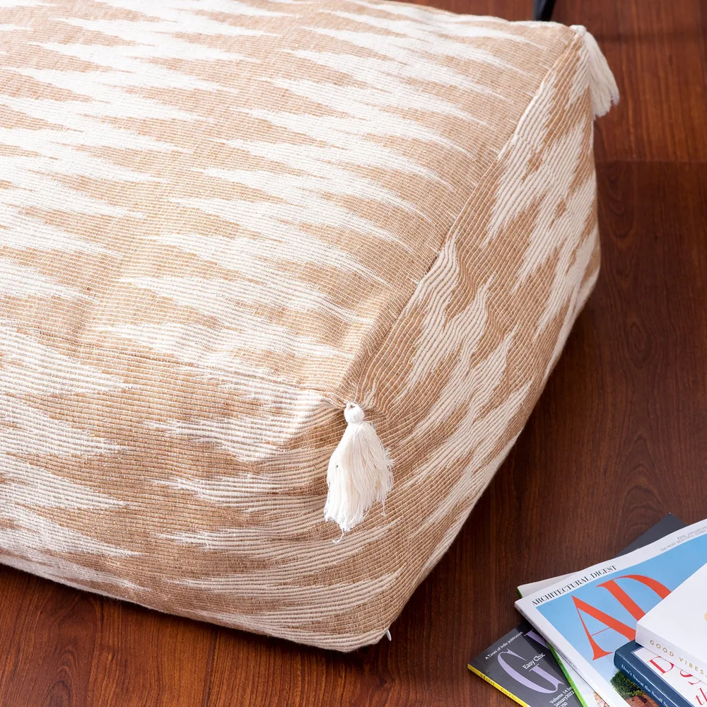 Modern Corner Beige and Cream Ethnic Print Cotton Tasseled Pouffe Stool Without Filler