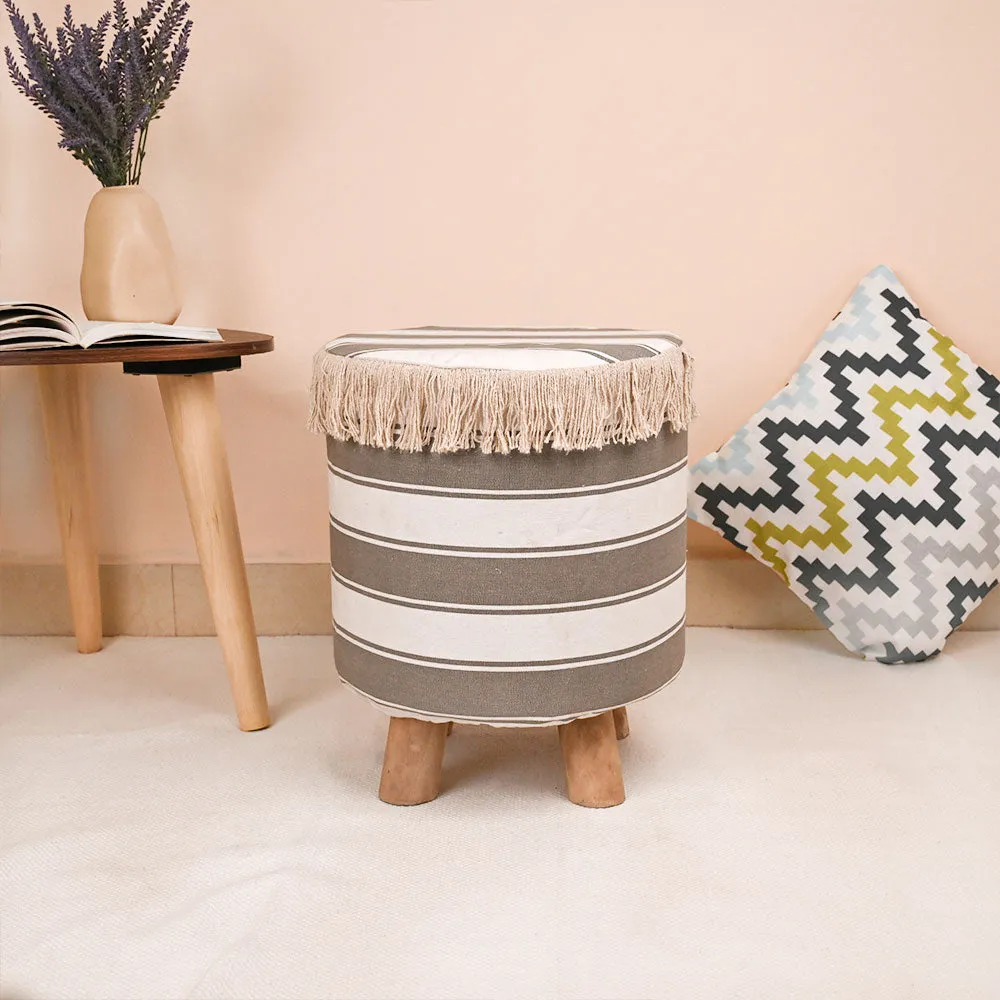Modern Corner Cotton Material With Tassals Pouffe Stool For Living Room, Set of 1