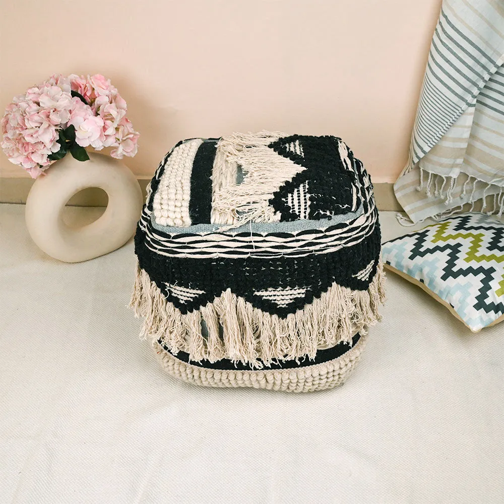 Modern Corner Cotton Material With Tassals Pouffe Stool For Living Room, Set of 1