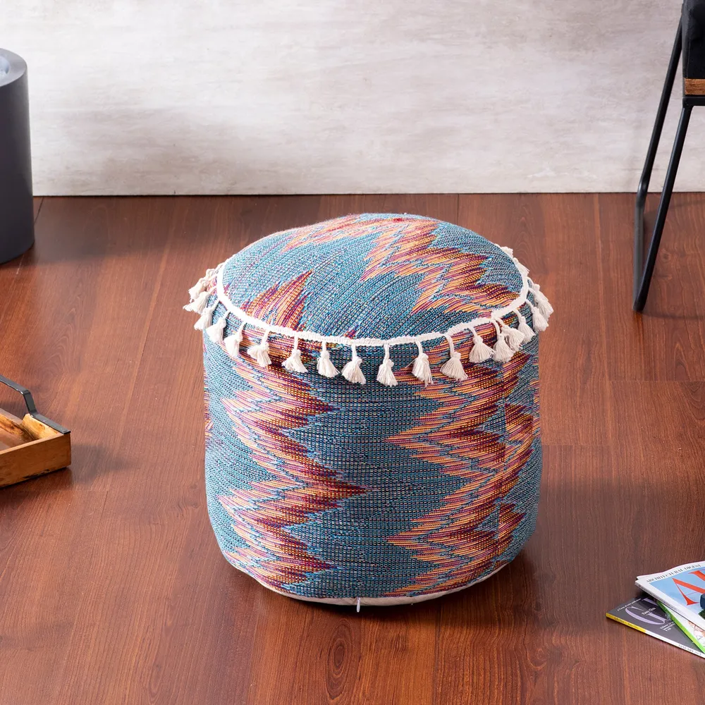 Modern Corner Multicolored Abstract Print Cotton Tasseled Pouffe Stool Set Of 2 With Filler