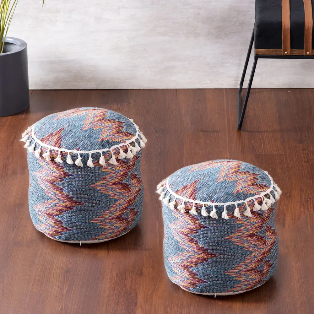 Modern Corner Multicolored Abstract Print Cotton Tasseled Pouffe Stool Set Of 2 With Filler