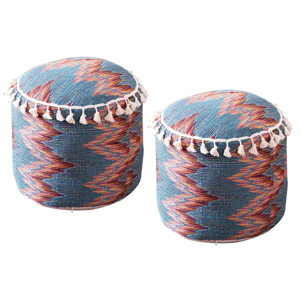 Modern Corner Multicolored Abstract Print Cotton Tasseled Pouffe Stool Set Of 2 With Filler