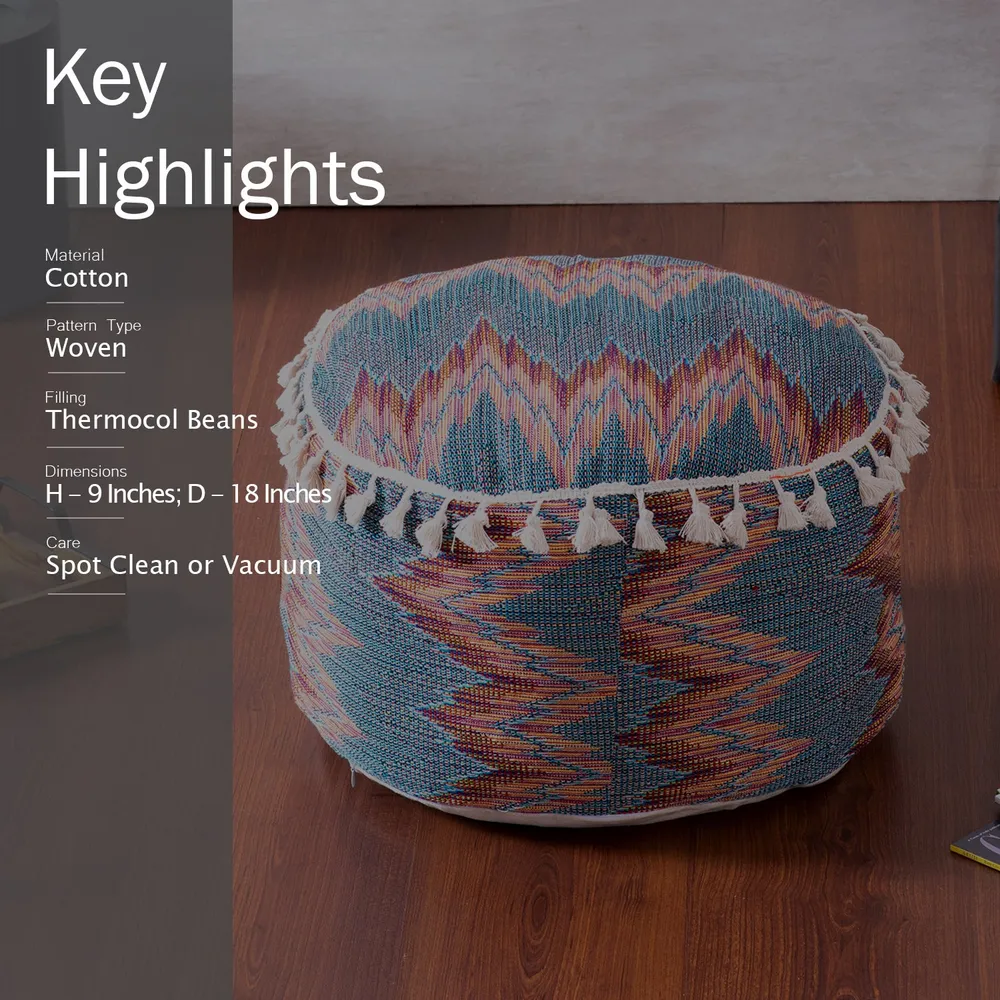 Modern Corner Multicolored Abstract Print Cotton Tasseled Pouffe Stool Set Of 2 With Filler