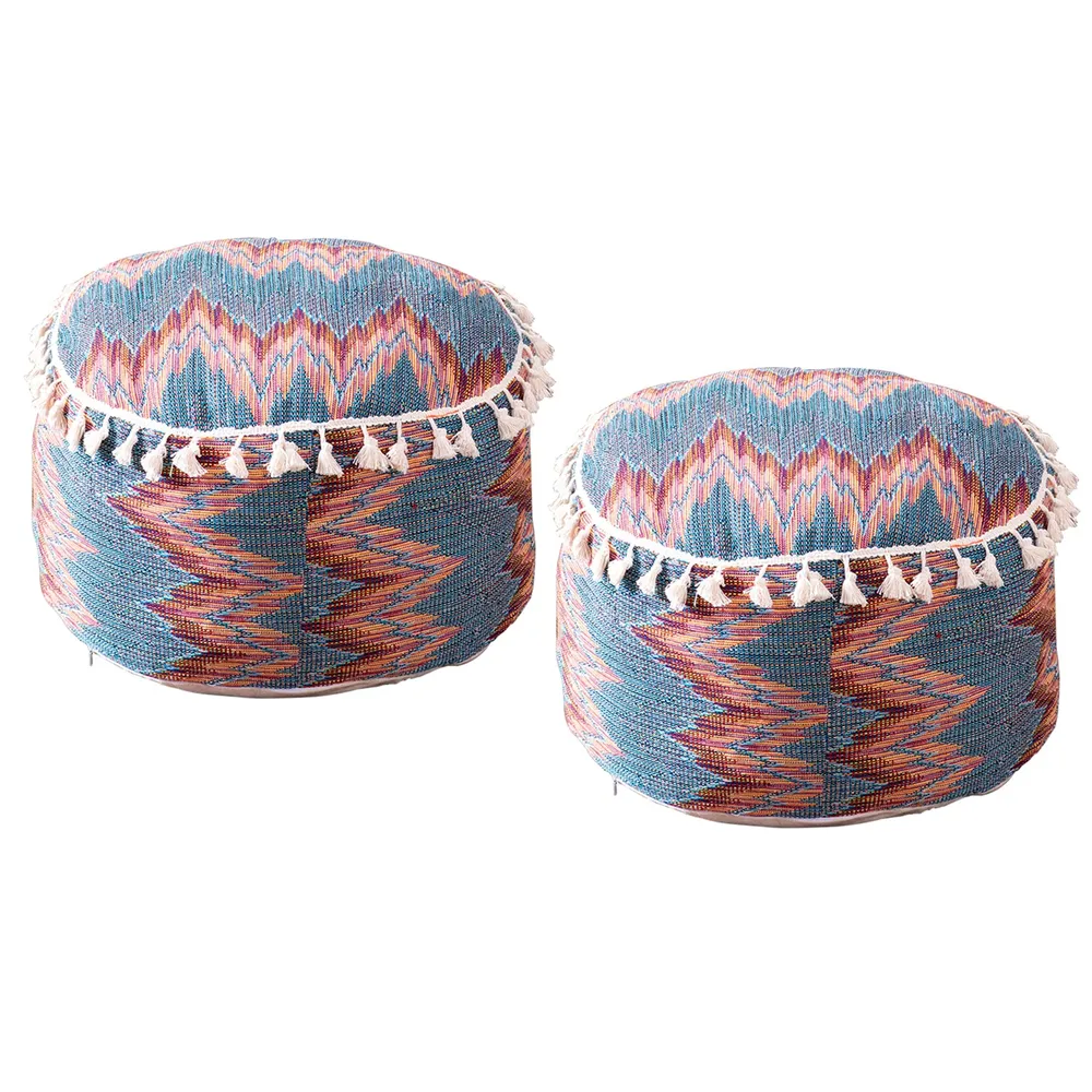 Modern Corner Multicolored Abstract Print Cotton Tasseled Pouffe Stool Set Of 2 With Filler