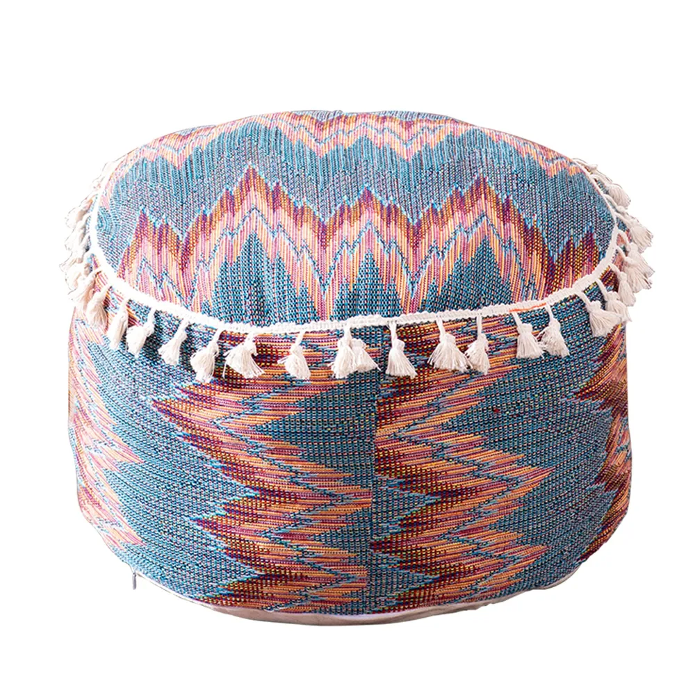 Modern Corner Multicolored Abstract Print Cotton Tasseled Pouffe Stool With Filler