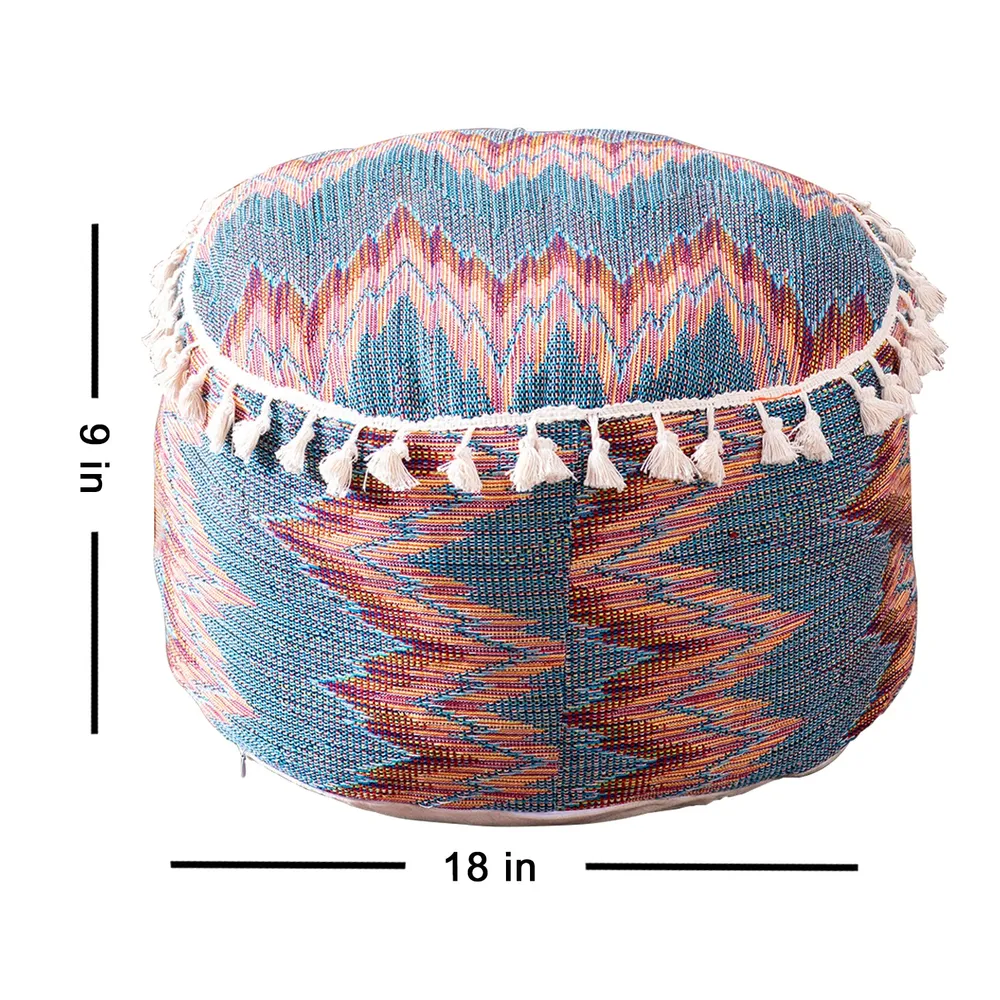 Modern Corner Multicolored Abstract Print Cotton Tasseled Pouffe Stool With Filler