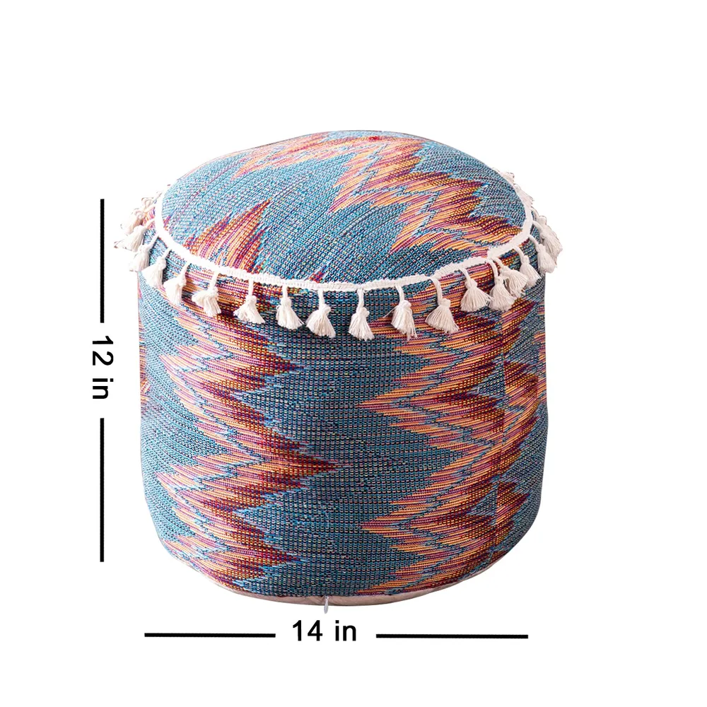 Modern Corner Multicolored Abstract Print Cotton Tasseled Pouffe  Stool With Filler