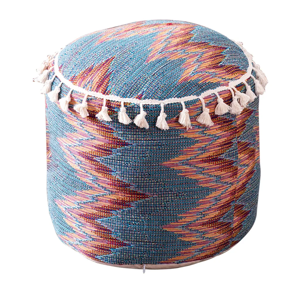 Modern Corner Multicolored Abstract Print Cotton Tasseled Pouffe  Stool With Filler