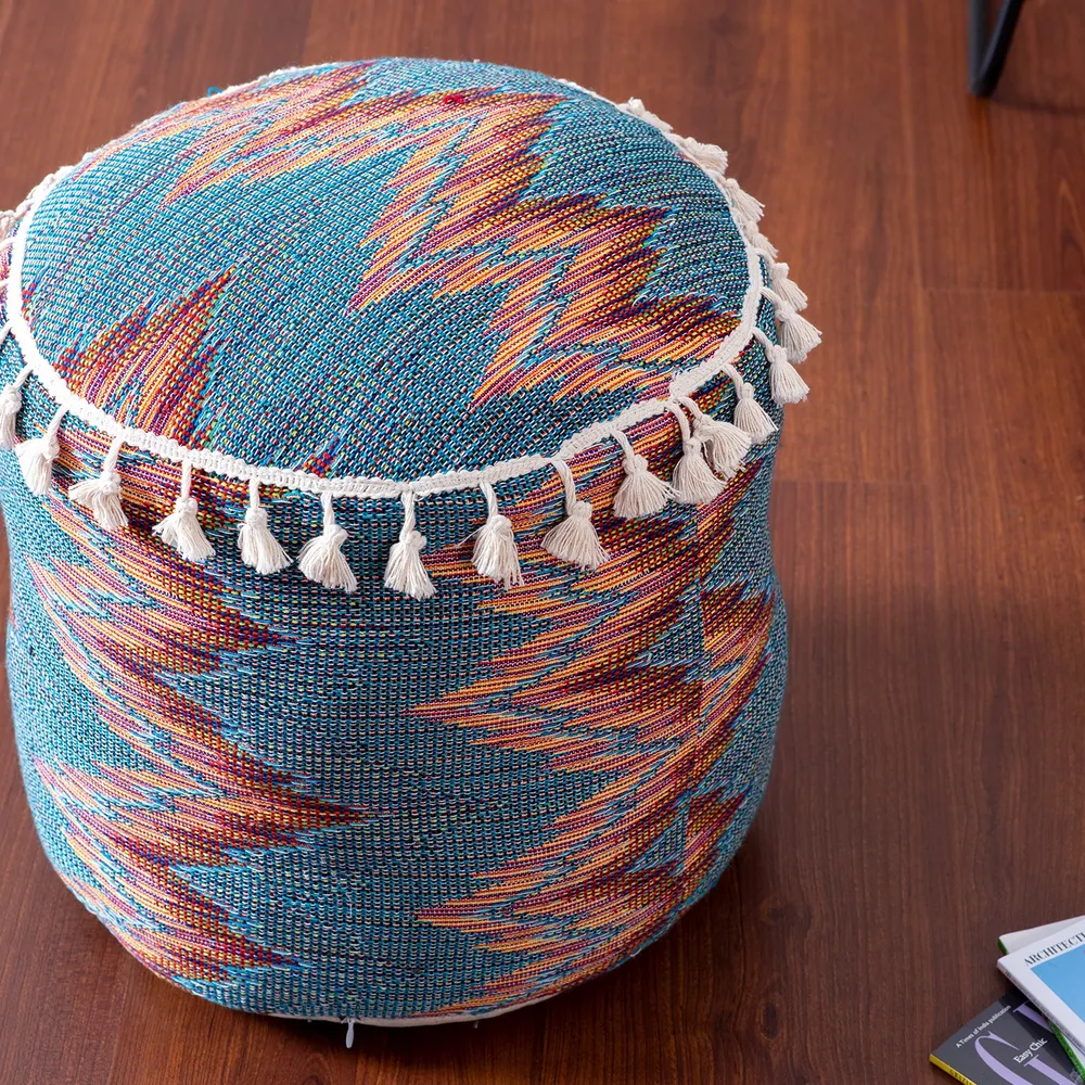Modern Corner Multicolored Abstract Print Cotton Tasseled Pouffe  Stool With Filler