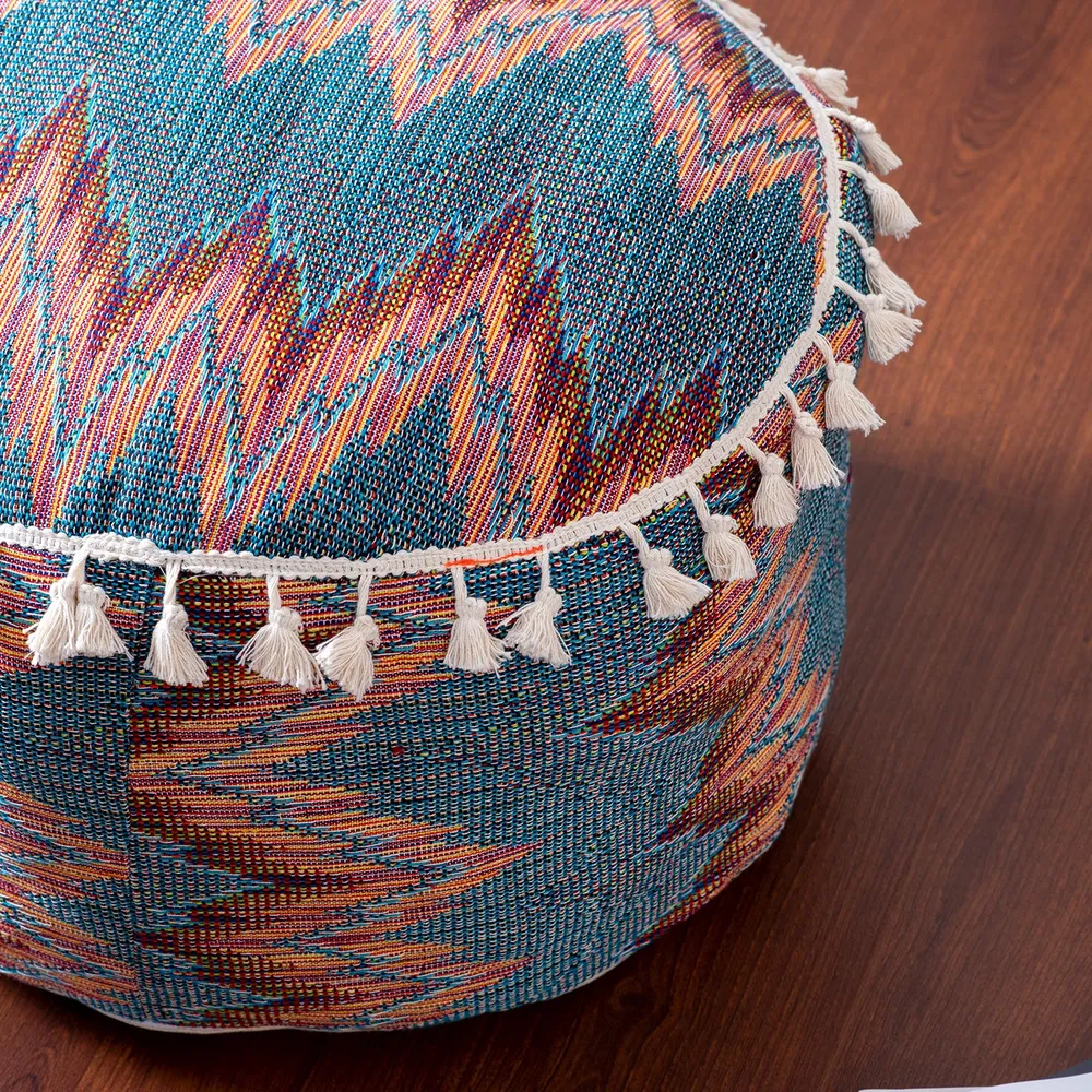 Modern Corner Multicolored Abstract Print Cotton Tasseled Pouffe Stool With Filler
