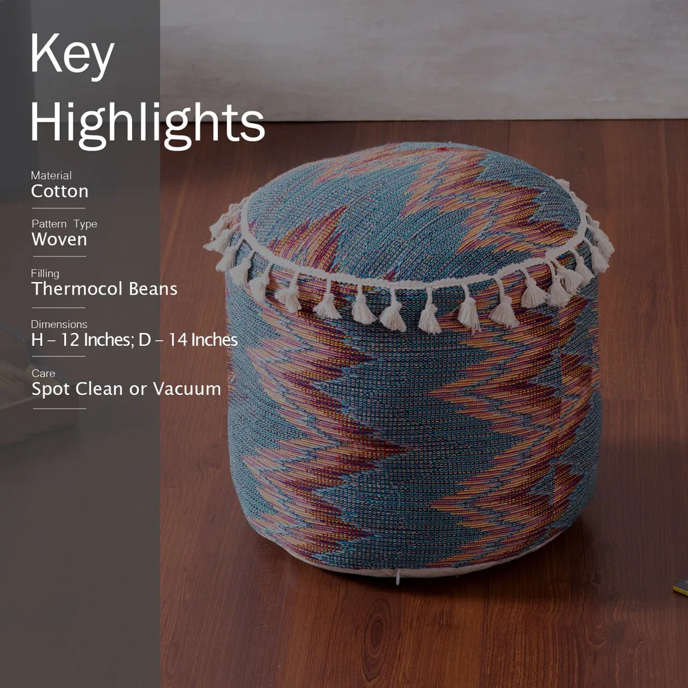 Modern Corner Multicolored Abstract Print Cotton Tasseled Pouffe Stool Without Filler