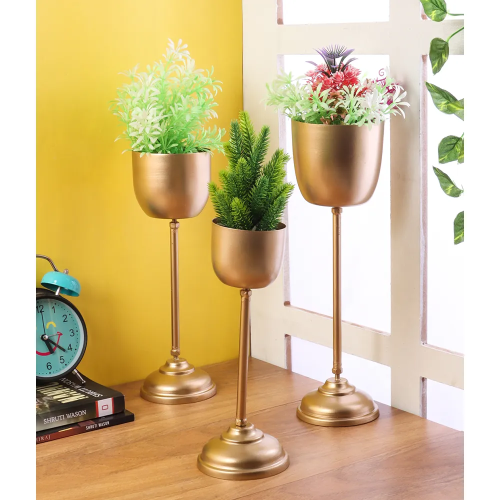 Modern Golden Finish Metallic Planters Set Of 3