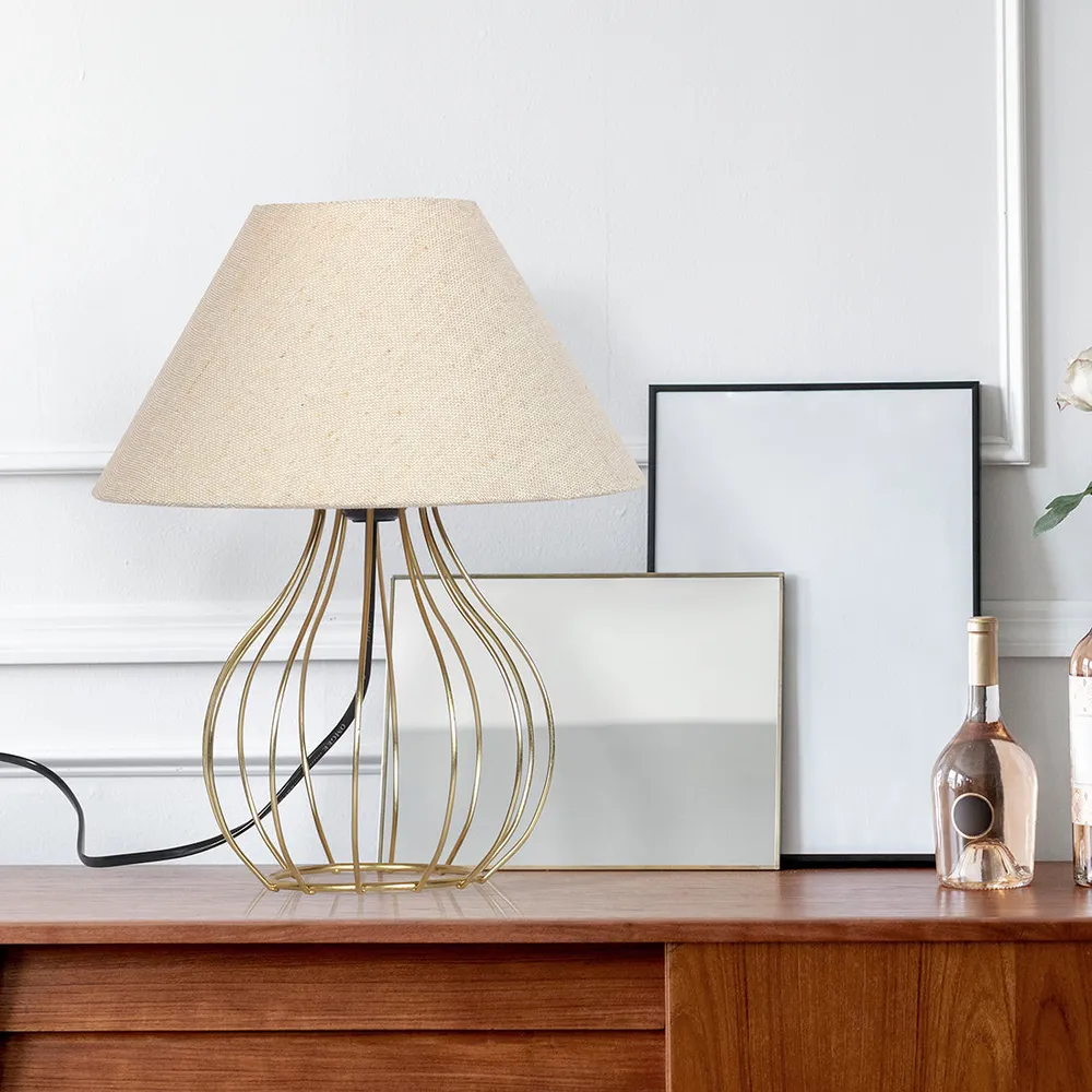 Modern Golden Metal Cage Table Lamp with Shade