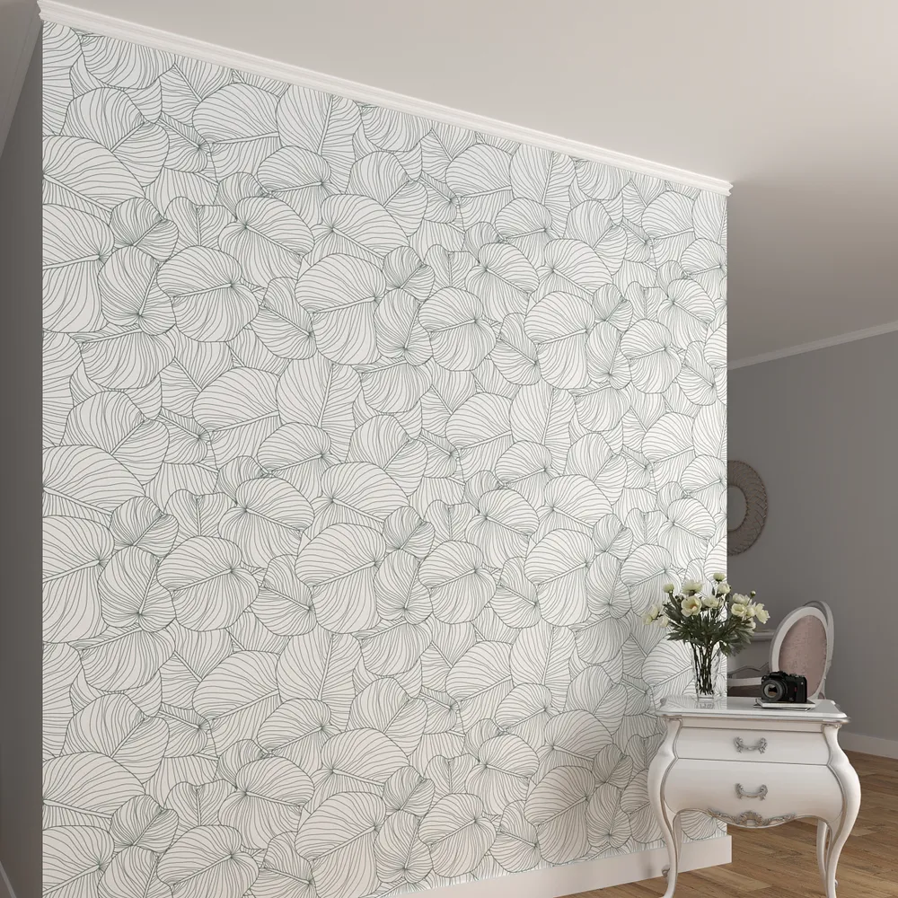 Modern Leaf Sketch White &amp; Green Premium Quality Wallpaper