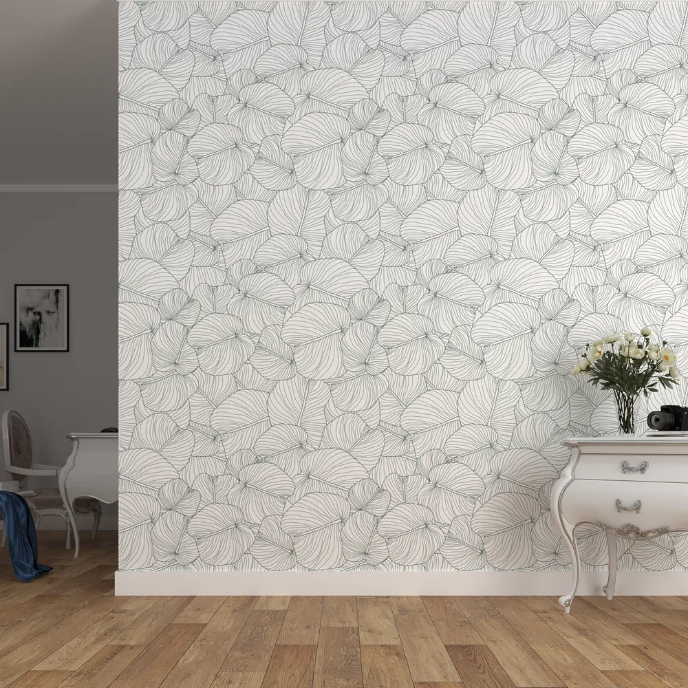 Modern Leaf Sketch White &amp; Green Premium Quality Wallpaper