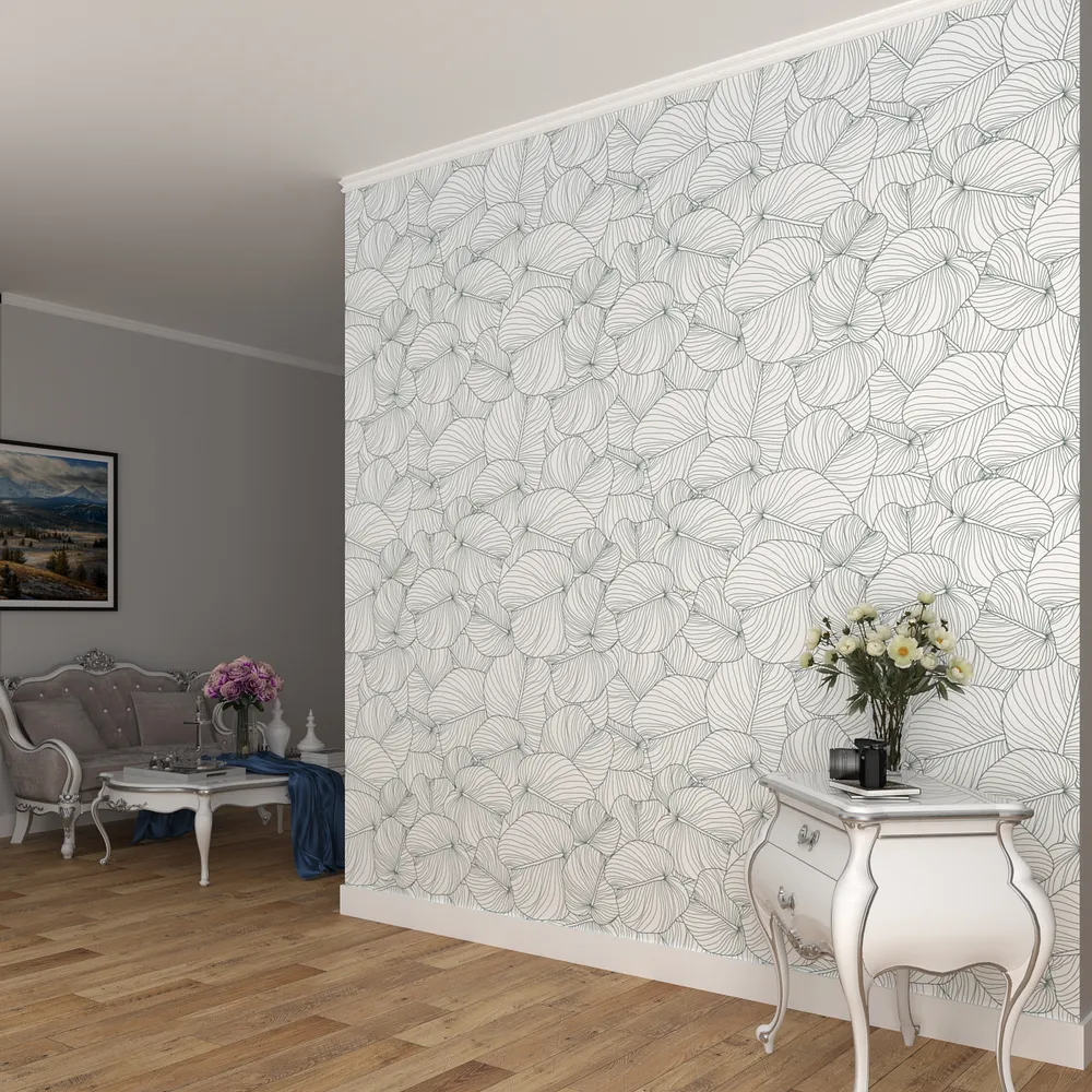 Modern Leaf Sketch White &amp; Green Premium Quality Wallpaper