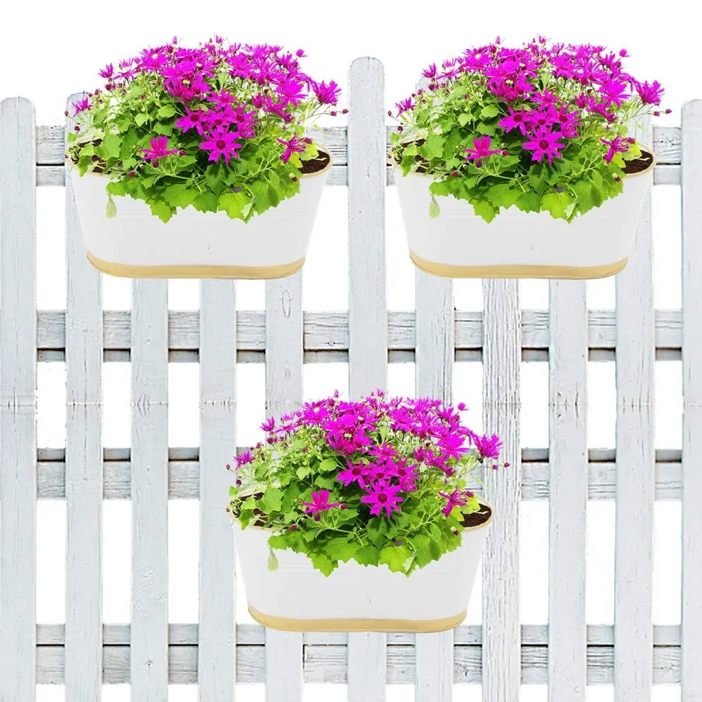 Modern Oval White Balcony Railing Planter with Detachable Handle Set Of 3