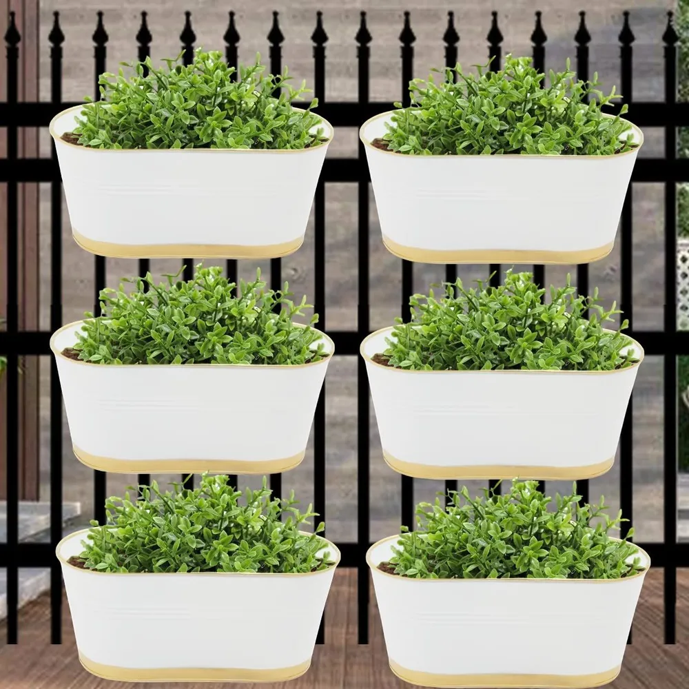 Modern Oval White Balcony Railing Planter with Detachable Handle Set Of 6