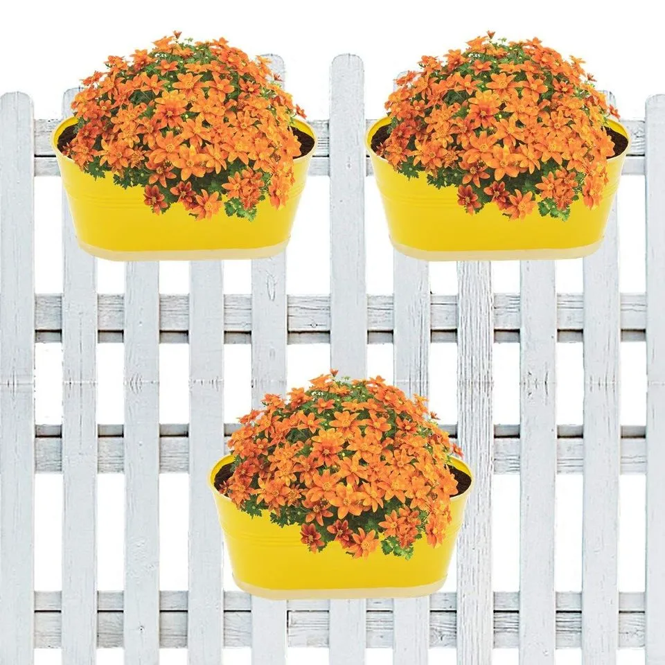 Modern Oval Yellow Balcony Railing Planter with Detachable Handle Set Of 3