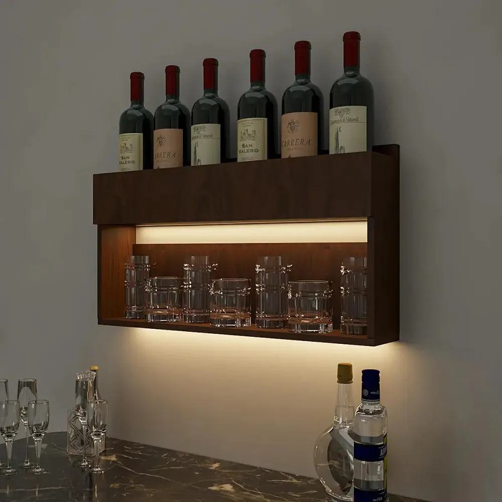 Modish Backlit Wooden Bar Wall Shelf / Mini Bar Cabinet in Walnut Finish