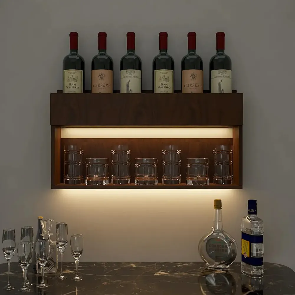 Modish Backlit Wooden Bar Wall Shelf / Mini Bar Cabinet in Walnut Finish