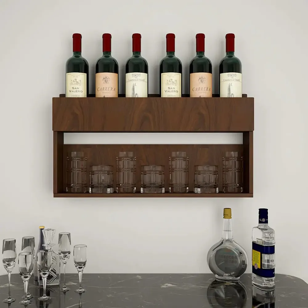 Modish Backlit Wooden Bar Wall Shelf / Mini Bar Cabinet in Walnut Finish