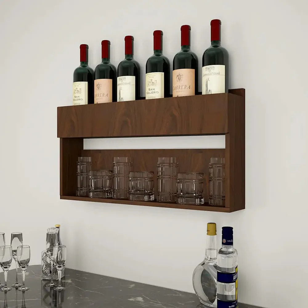 Modish Backlit Wooden Bar Wall Shelf / Mini Bar Cabinet in Walnut Finish