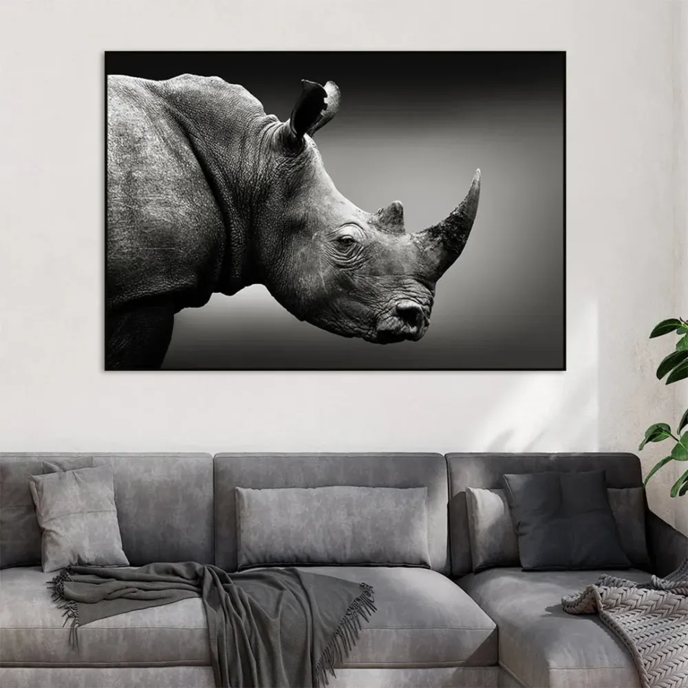Monochromatic Rhino Portrait Canvas Painting With Floating Frame